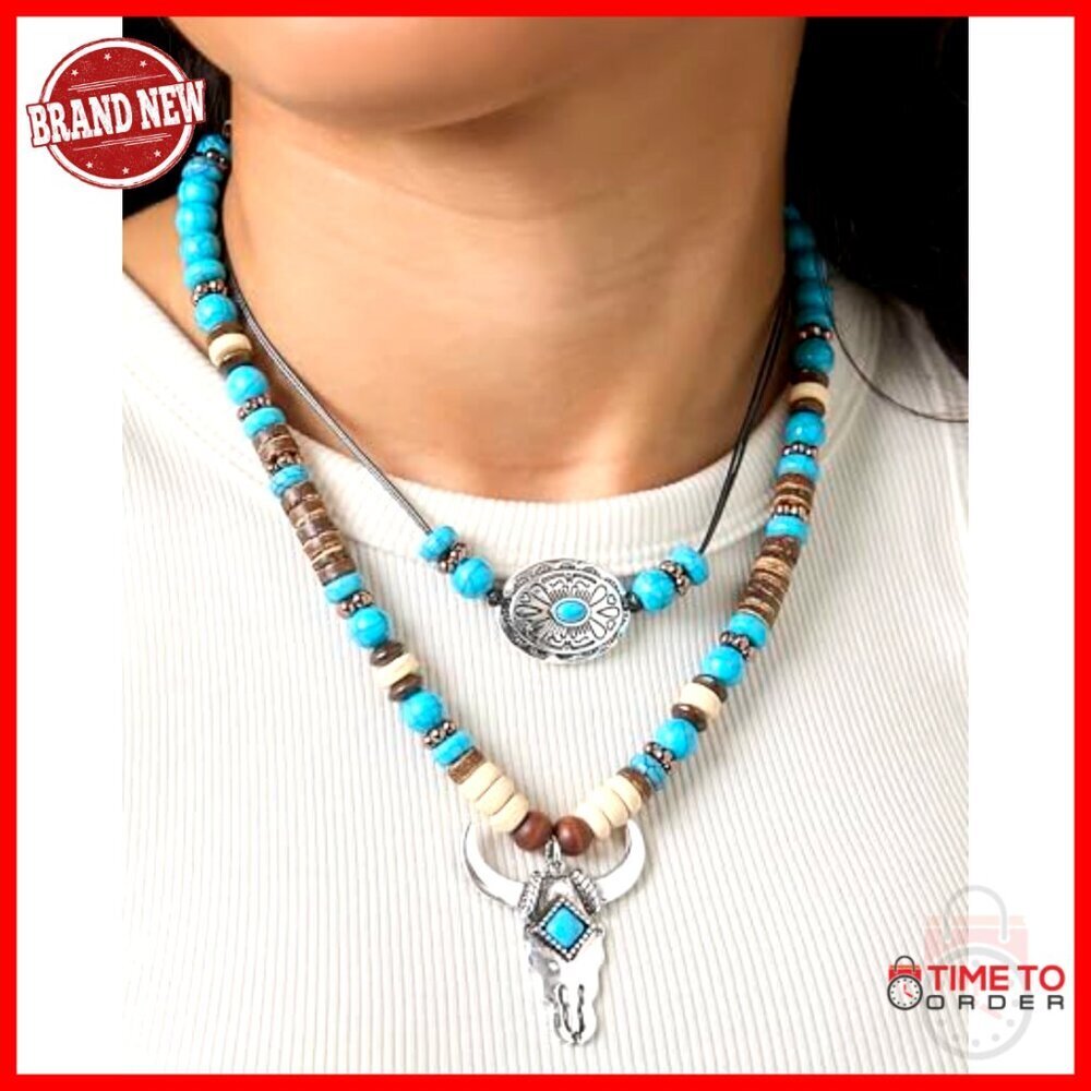 Layered Turquoise Beaded Necklace with Bull Skull Pendant Adjustable - Picture 2 of 6